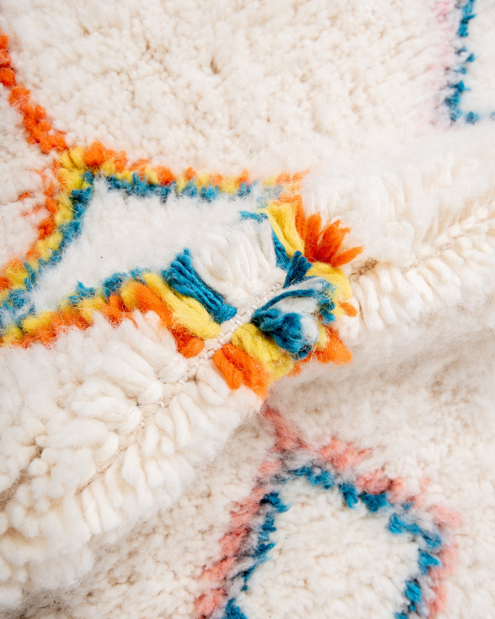 Modern, designer, handcrafted Berber rug from Morocco. Beniourain carpet with beautiful colours and patterns and fluffy wool texture.