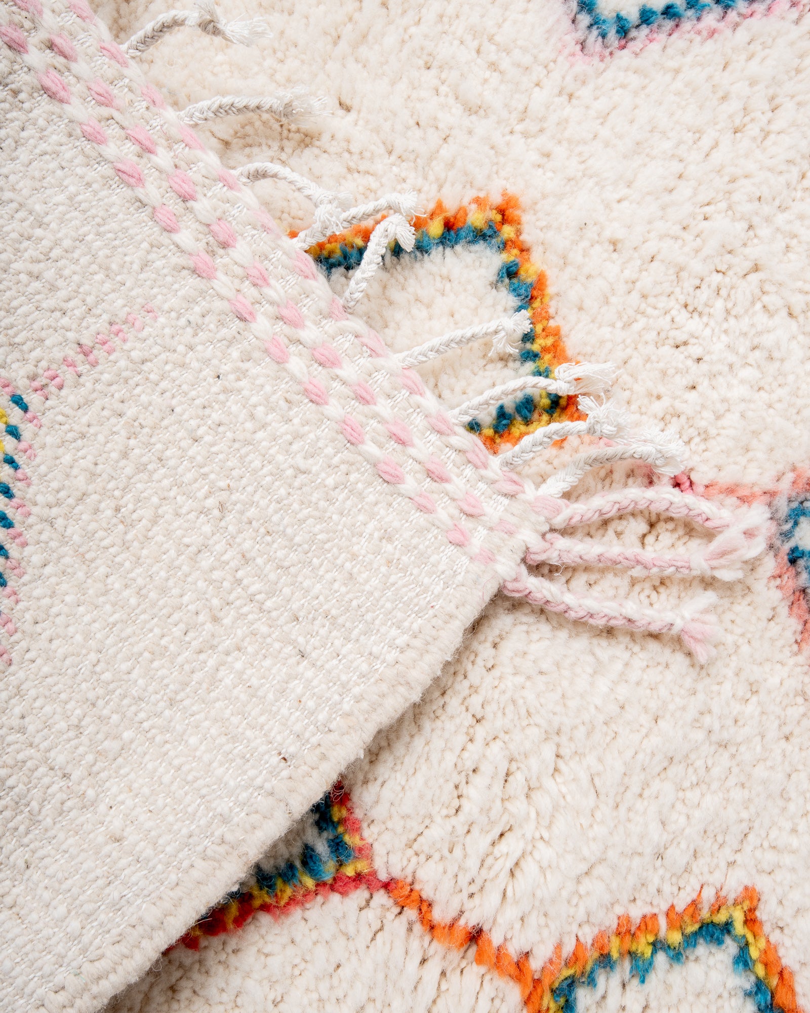 Modern, designer, handcrafted Berber rug from Morocco. Beniourain carpet with beautiful colours and patterns and fluffy wool texture.