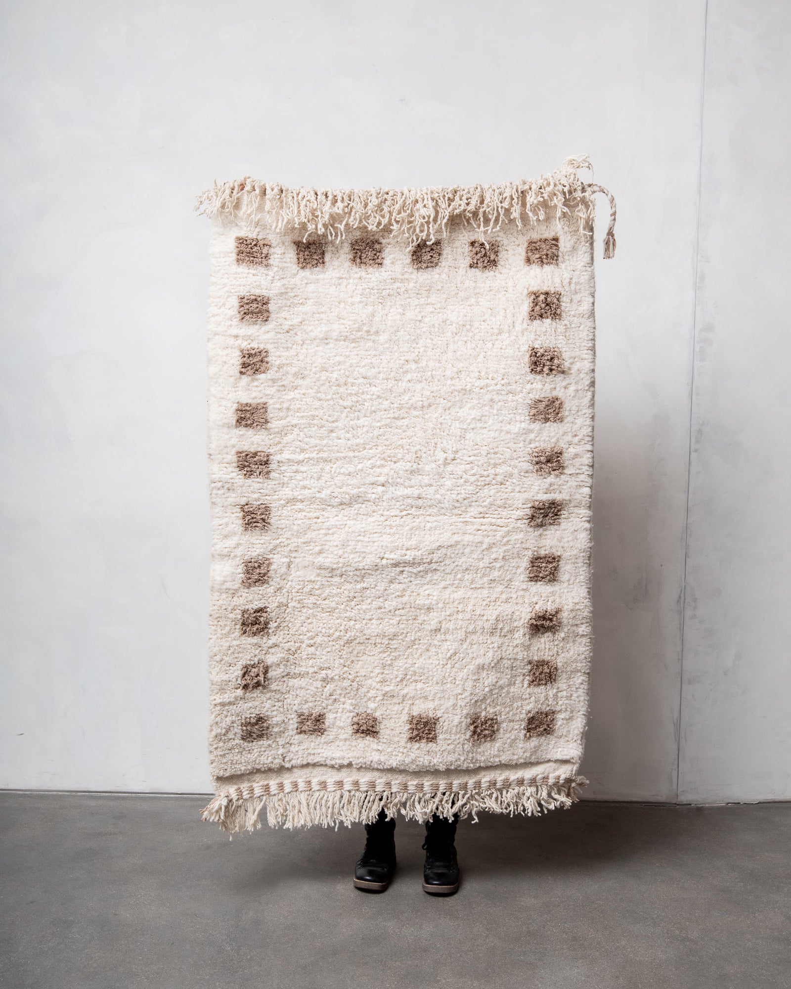 Modern, designer, handcrafted Berber rug from Morocco. Beniourain carpet with beautiful colours and patterns and fluffy wool texture.