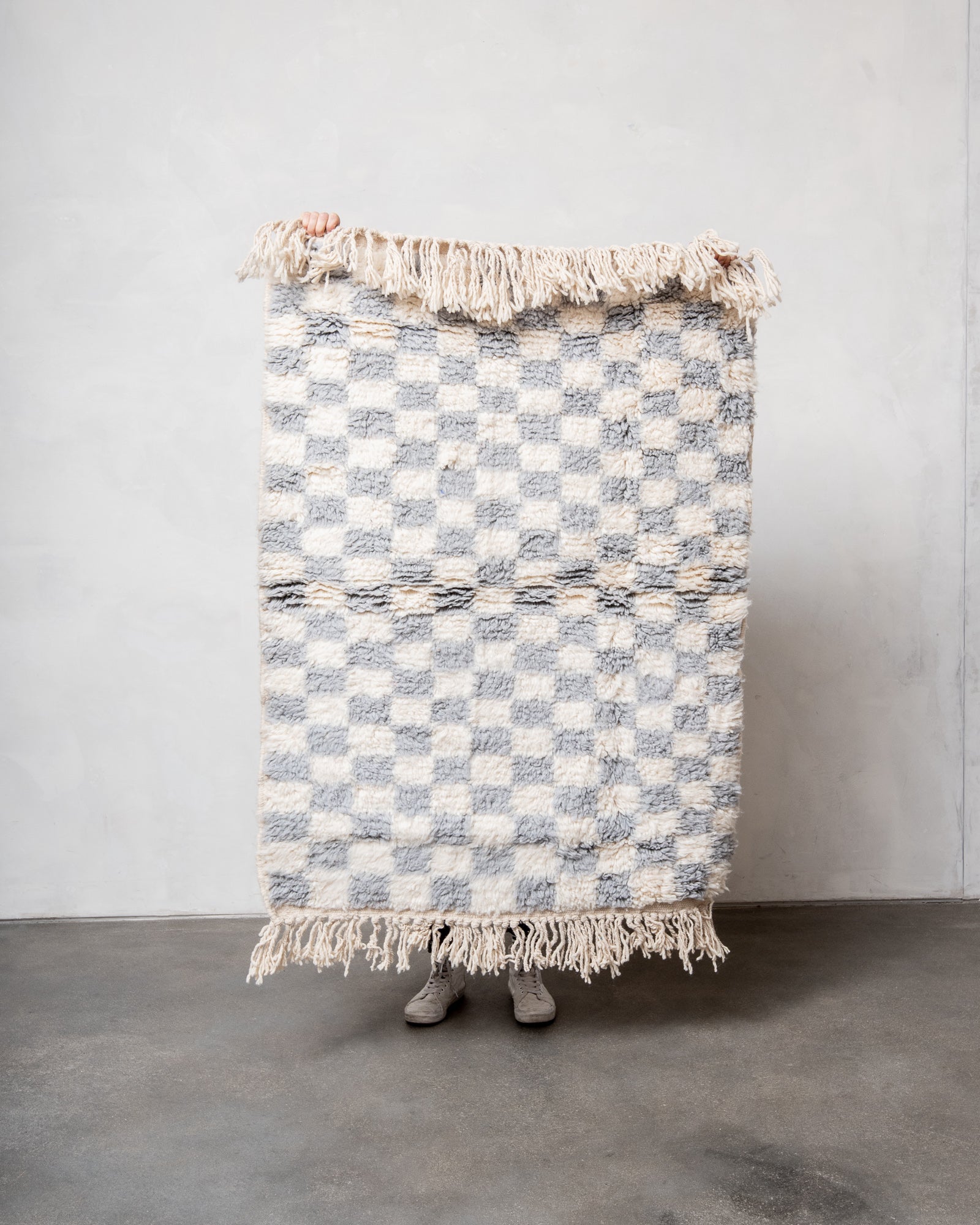 Modern, designer, handcrafted Berber rug from Morocco. Beniourain carpet with beautiful colours and patterns and fluffy wool texture.