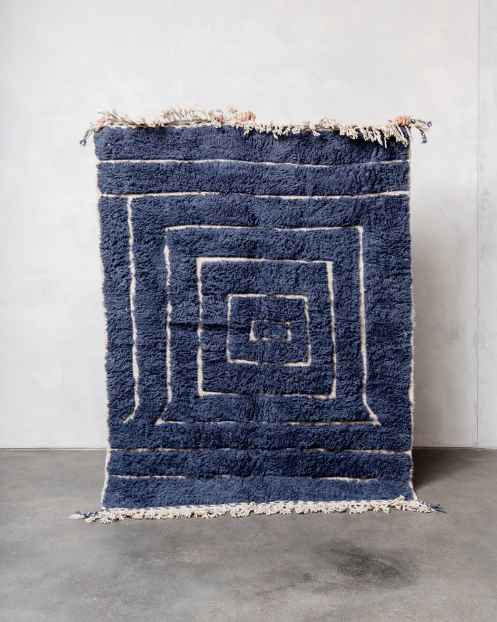 Modern, designer, handcrafted Berber rug from Morocco. Beniourain carpet with beautiful colours and patterns and fluffy wool texture.