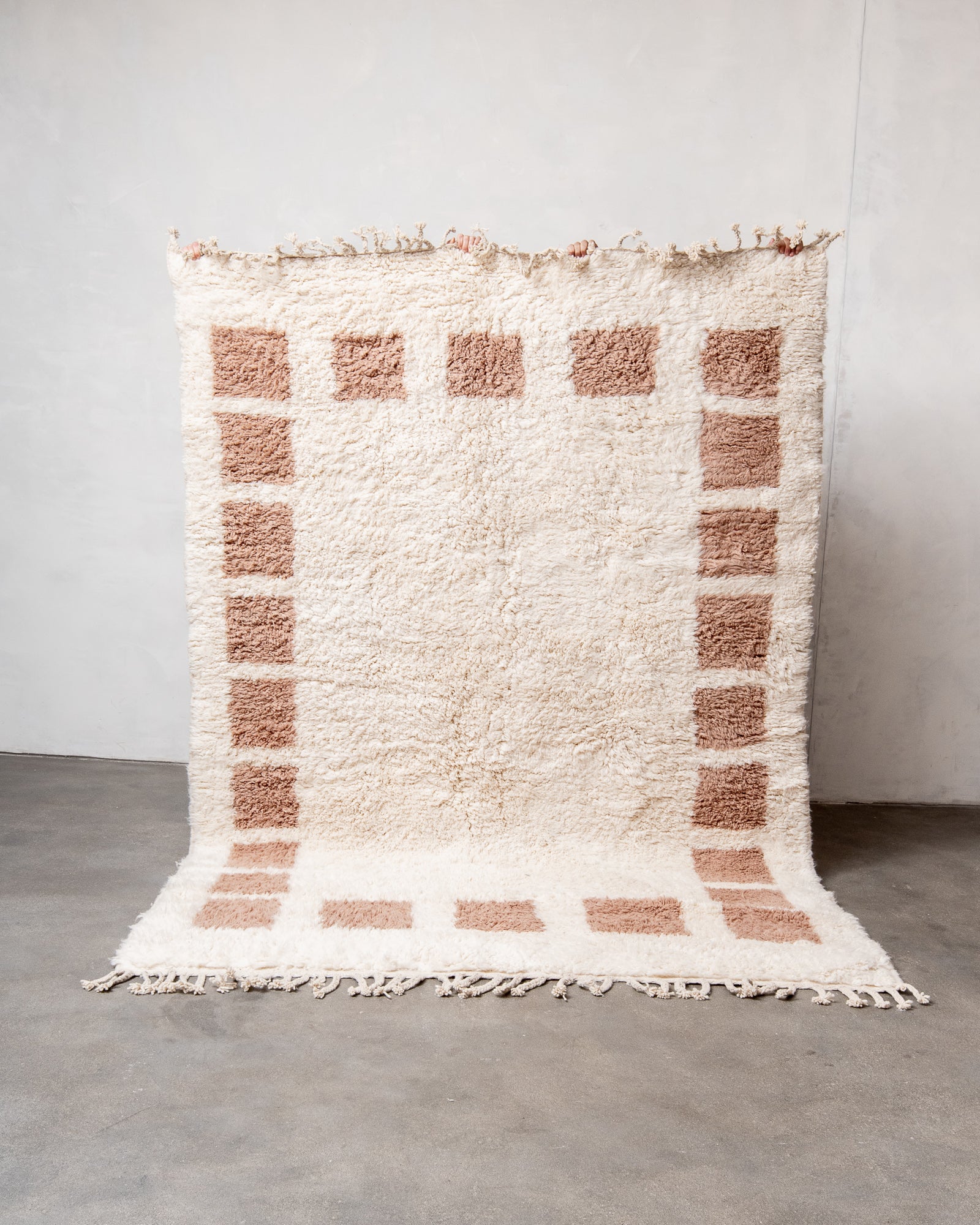 Modern, designer, handcrafted Berber rug from Morocco. Beniourain carpet with beautiful colours and patterns and fluffy wool texture. 