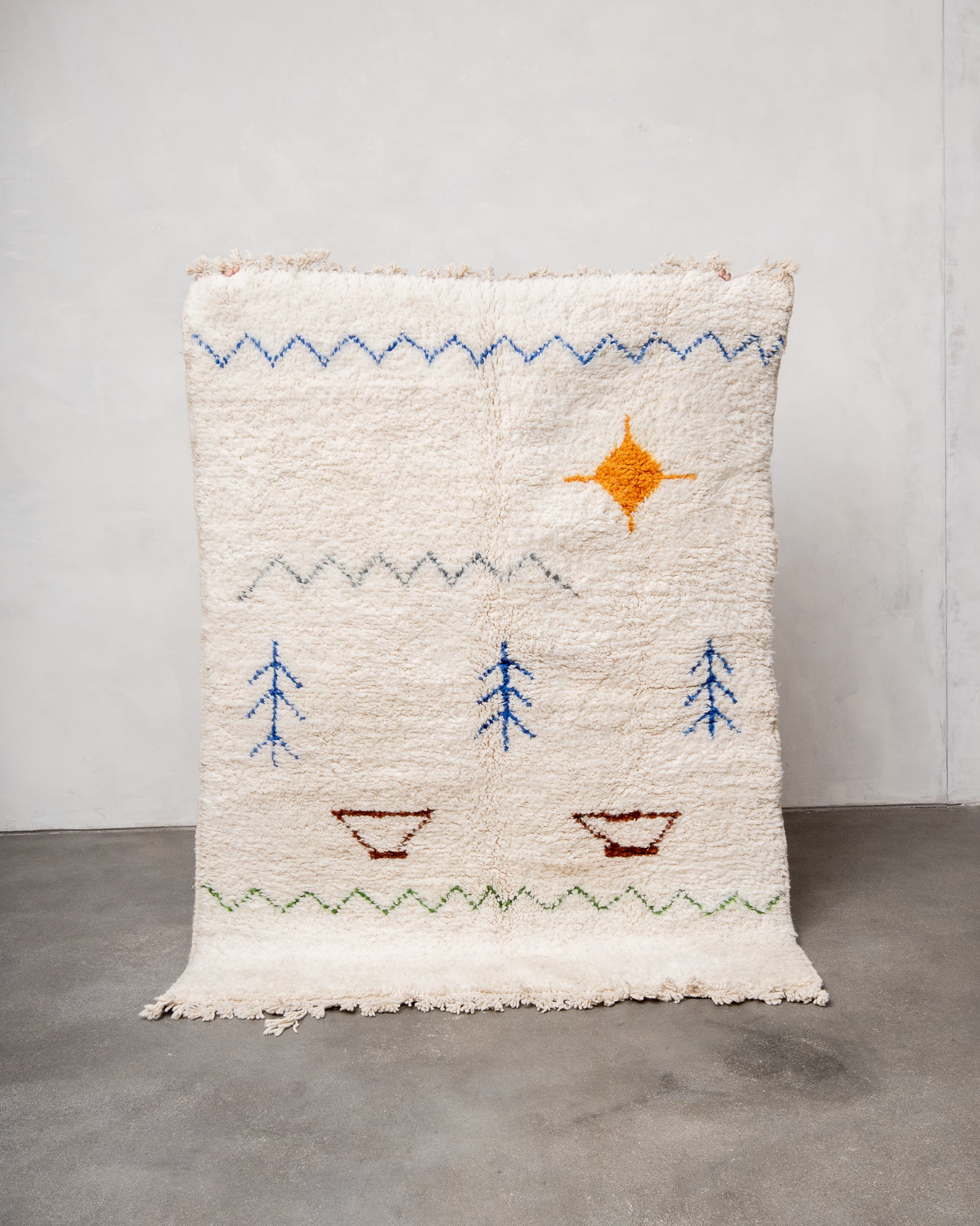 Modern, designer, handcrafted Berber rug from Morocco. Beniourain carpet with beautiful colours and patterns and fluffy wool texture. 