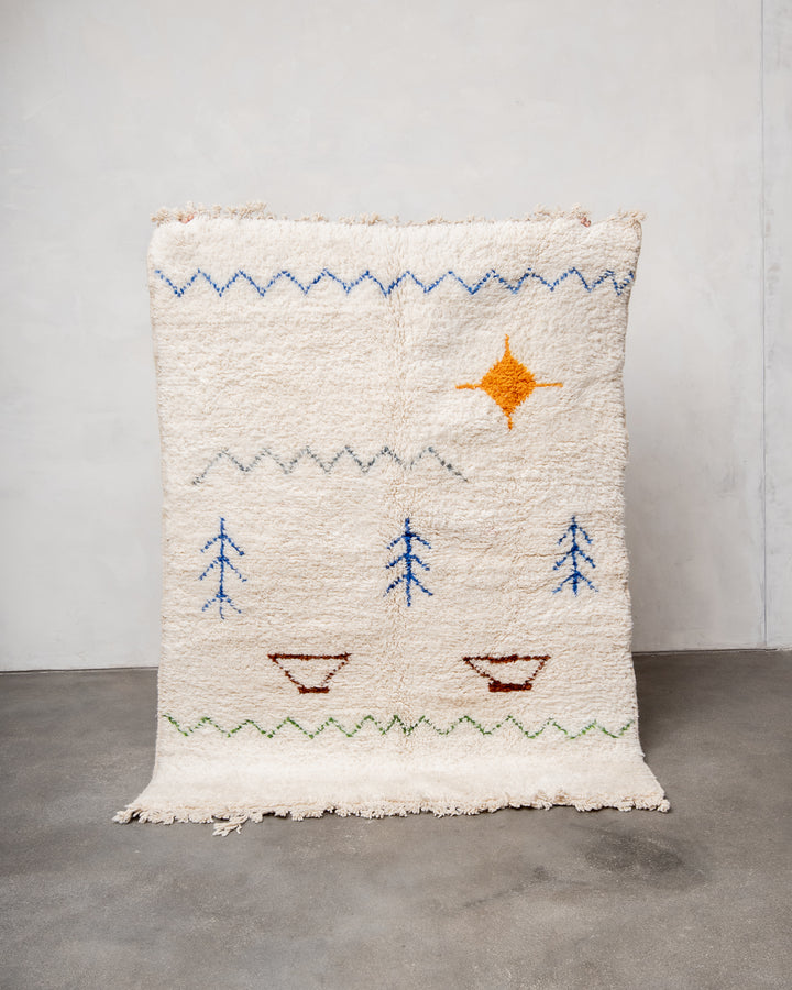 Modern, designer, handcrafted Berber rug from Morocco. Beniourain carpet with beautiful colours and patterns and fluffy wool texture. 