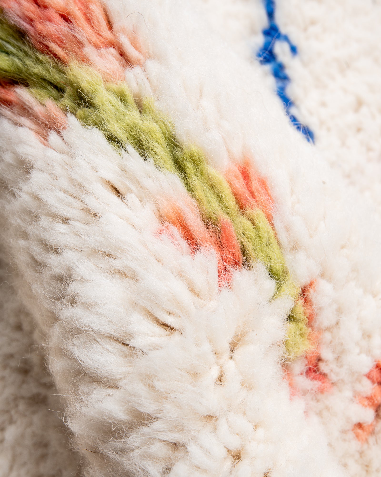 Modern, designer, handcrafted Berber rug from Morocco. Beniourain carpet with beautiful colours and patterns and fluffy wool texture.