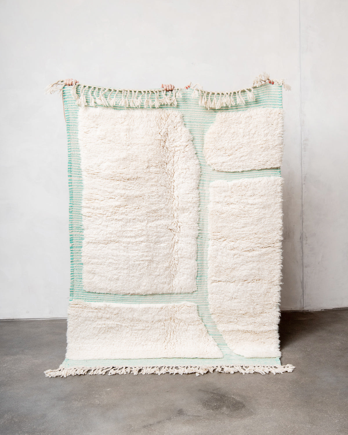 Modern, designer, handcrafted Berber rug from Morocco. Beniourain carpet with beautiful colours and patterns and fluffy wool texture.