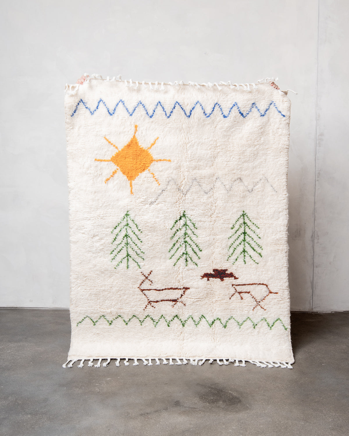 Modern, designer, handcrafted Berber rug from Morocco. Beniourain carpet with beautiful colours and patterns and fluffy wool texture.