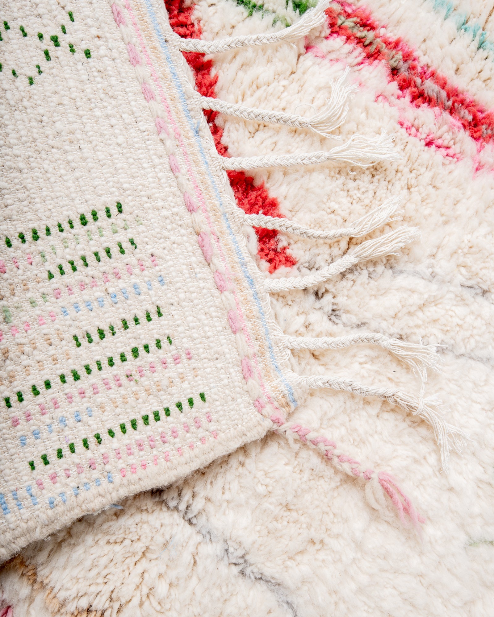 Modern, designer, handcrafted Berber rug from Morocco. Beniourain carpet with beautiful colours and patterns and fluffy wool texture.