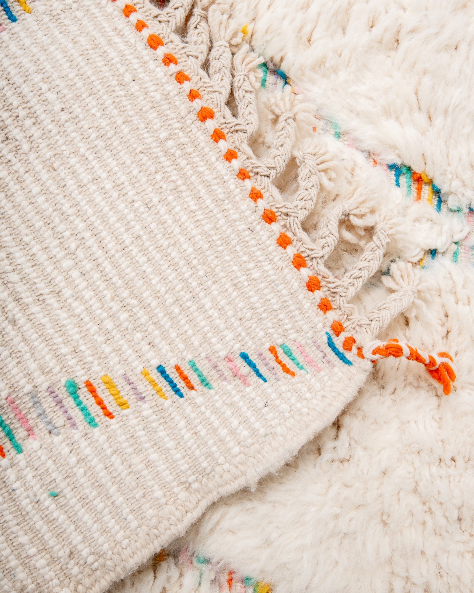 Modern, designer, handcrafted Berber rug from Morocco. Beniourain carpet with beautiful colours and patterns and fluffy wool texture. 