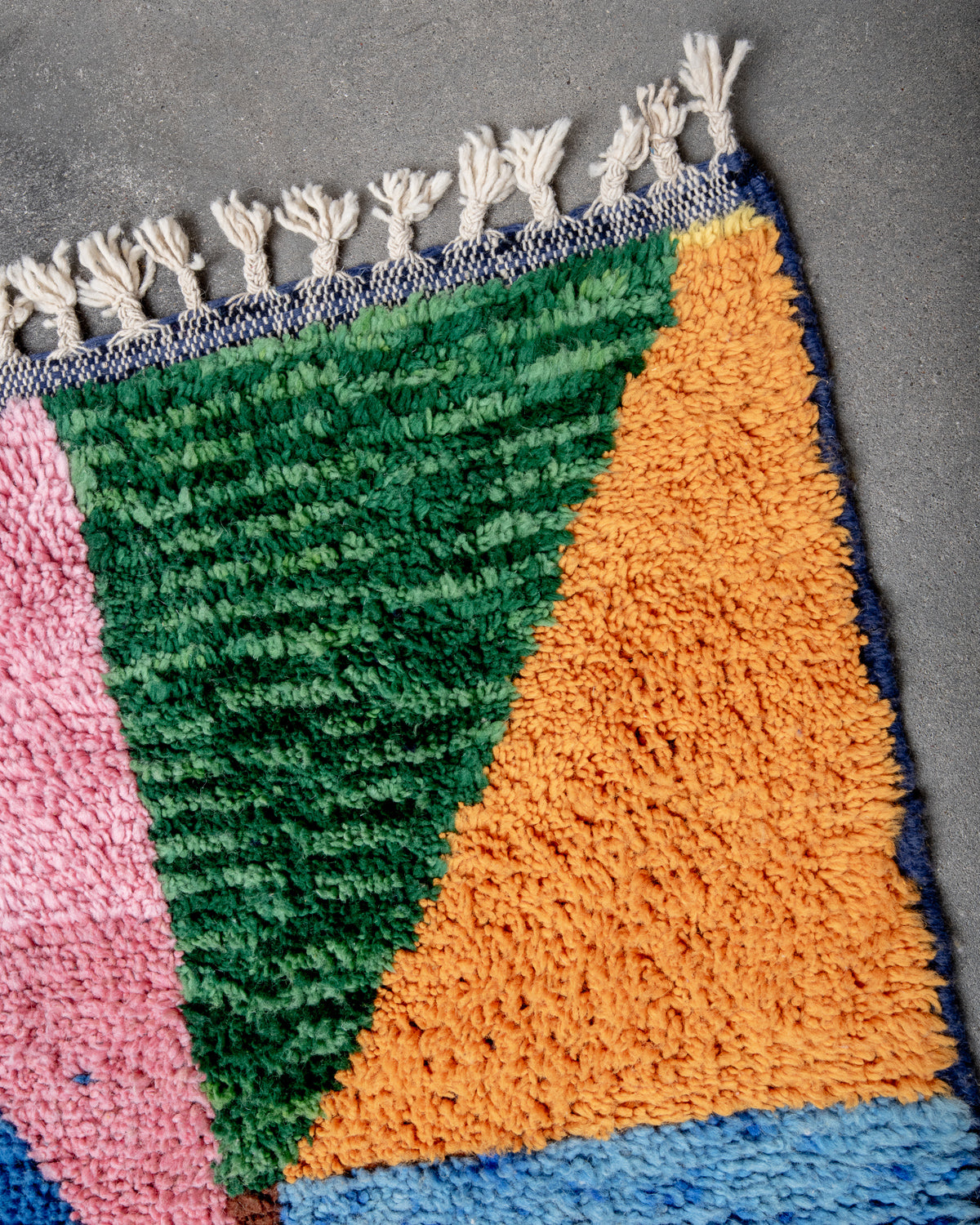 Modern, designer, handcrafted Berber rug from Morocco. Beniourain carpet with beautiful colours and patterns and fluffy wool texture.