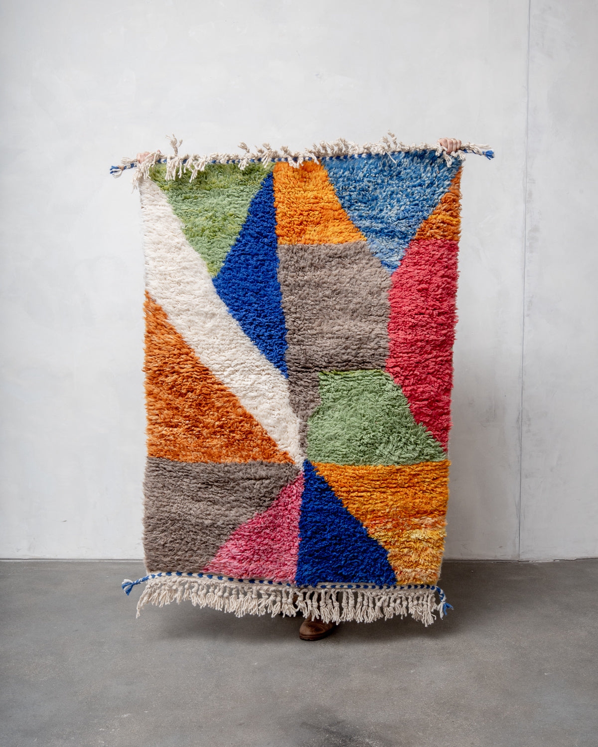 Modern, designer, handcrafted Berber rug from Morocco. Beniourain carpet with beautiful colours and patterns and fluffy wool texture.