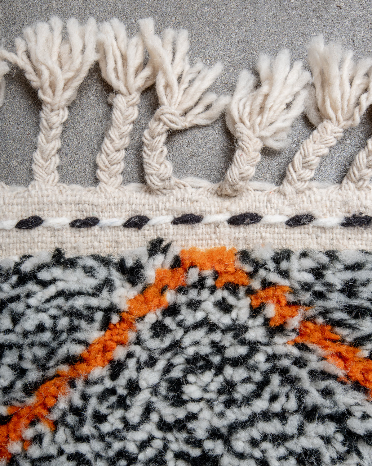 Modern, designer, handcrafted Berber rug from Morocco. Beniourain carpet with beautiful colours and patterns and fluffy wool texture.