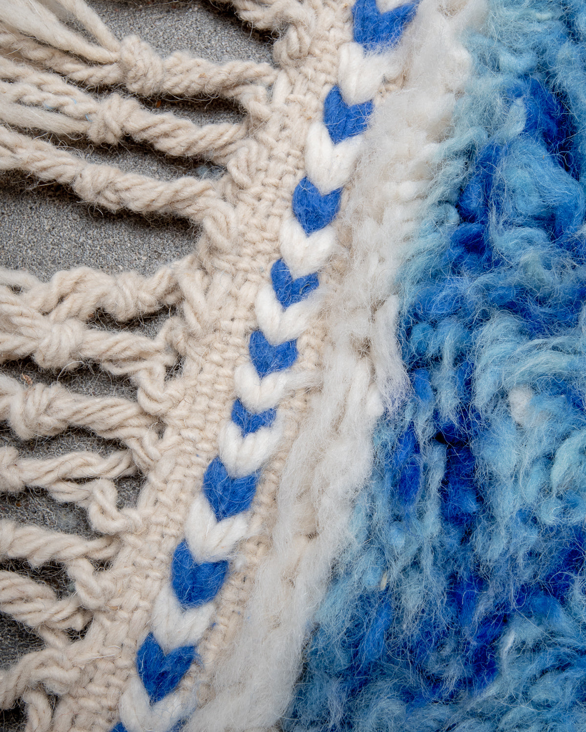 Modern, designer, handcrafted Berber rug from Morocco. Beniourain carpet with beautiful colours and patterns and fluffy wool texture.