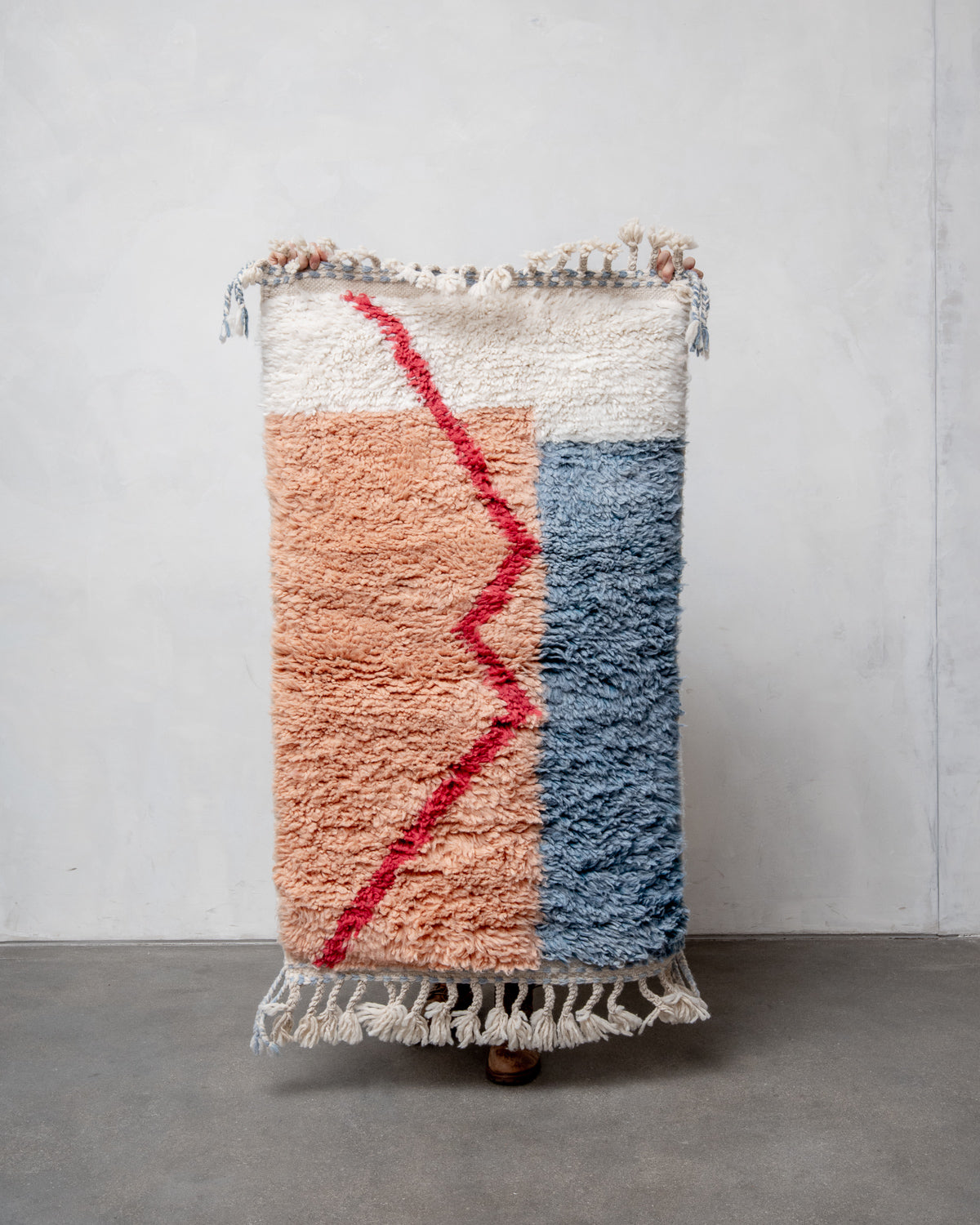 Modern, designer, handcrafted Berber rug from Morocco. Beniourain carpet with beautiful colours and patterns and fluffy wool texture.