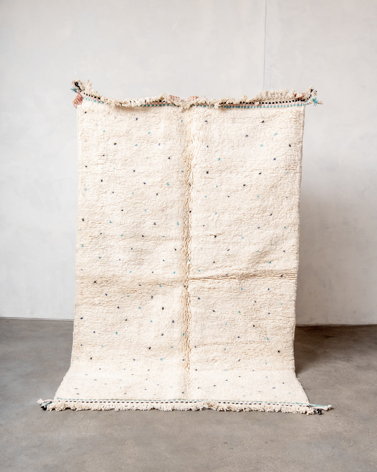 Modern, designer, handcrafted Berber rug from Morocco. Beniourain carpet with beautiful colours and patterns and fluffy wool texture.