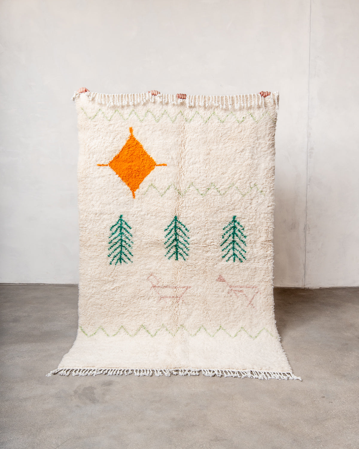 Modern, designer, handcrafted Berber rug from Morocco. Beniourain carpet with beautiful colours and patterns and fluffy wool texture.