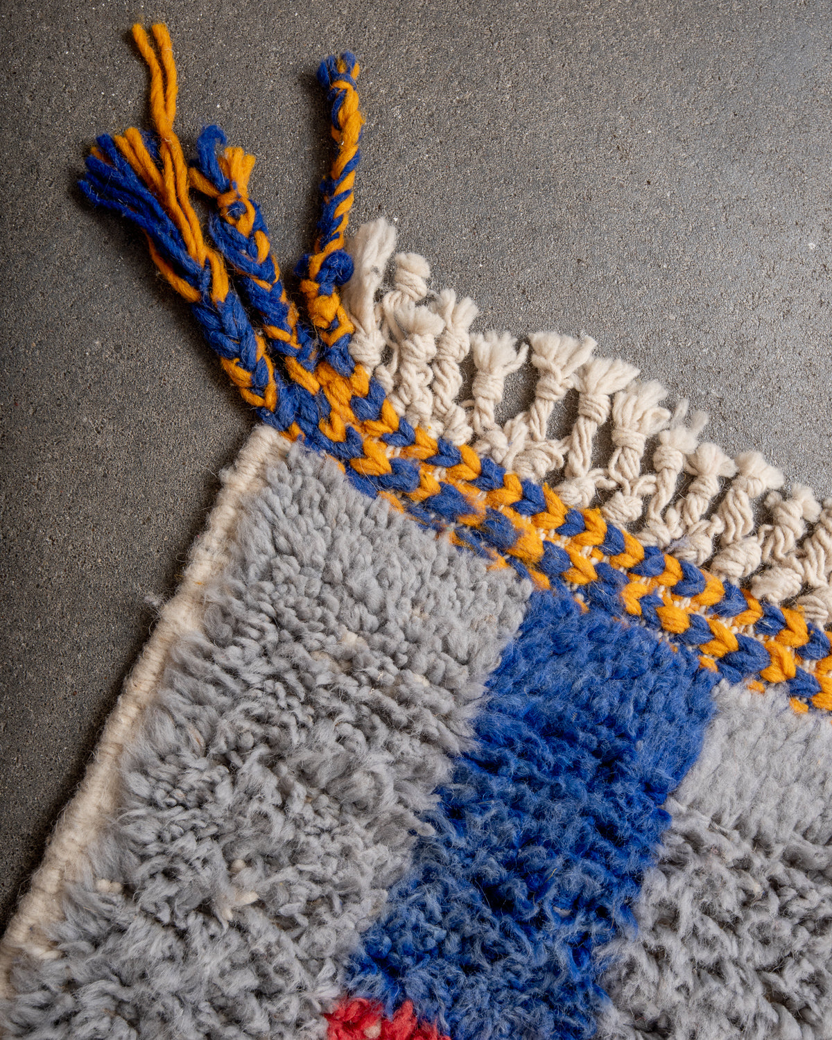 Modern, designer, handcrafted Berber rug from Morocco. Beniourain carpet with beautiful colours and patterns and fluffy wool texture.