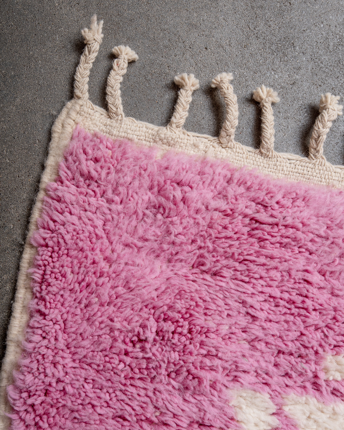 Modern, designer, handcrafted Berber rug from Morocco. Beniourain carpet with beautiful colours and patterns and fluffy wool texture.