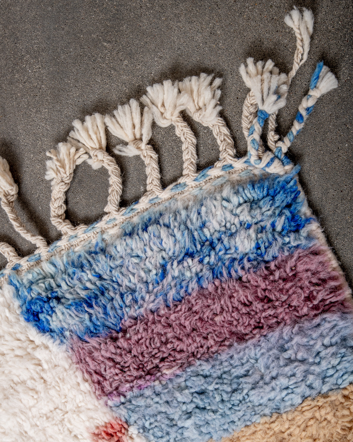 Modern, designer, handcrafted Berber rug from Morocco. Beniourain carpet with beautiful colours and patterns and fluffy wool texture