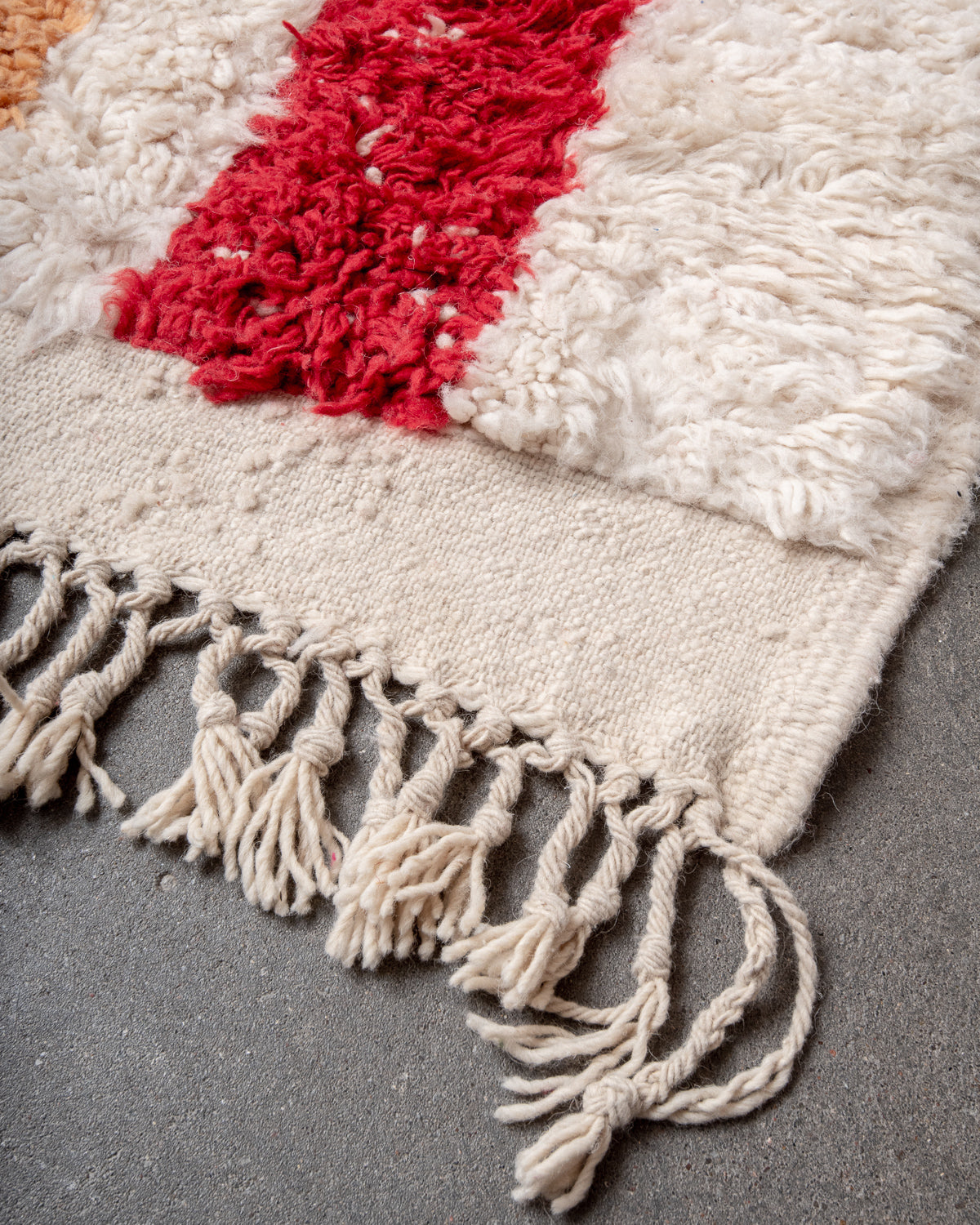 Modern, designer, handcrafted Berber rug from Morocco. Beniourain carpet with beautiful colours and patterns and fluffy wool texture.