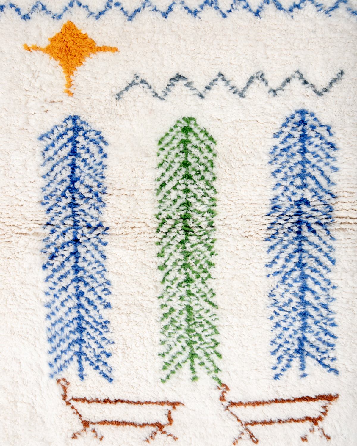 Modern, designer, handcrafted Berber rug from Morocco. Beniourain carpet with beautiful colours and patterns and fluffy wool texture.