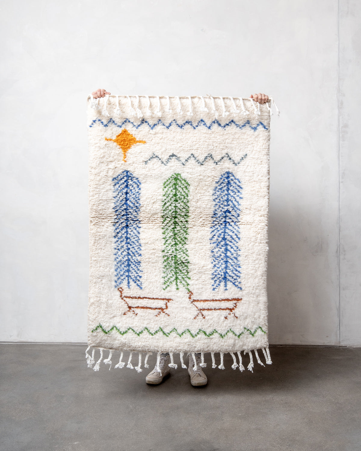 Modern, designer, handcrafted Berber rug from Morocco. Beniourain carpet with beautiful colours and patterns and fluffy wool texture.