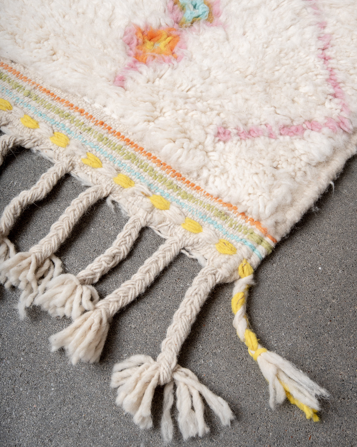 Modern, designer, handcrafted Berber rug from Morocco. Beniourain carpet with beautiful colours and patterns and fluffy wool texture.