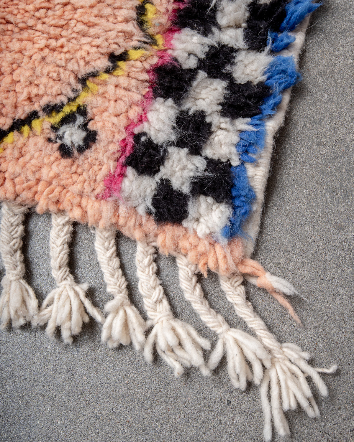 Modern, designer, handcrafted Berber runner rug from Morocco. Beniourain carpet with beautiful colours and patterns and fluffy wool texture.