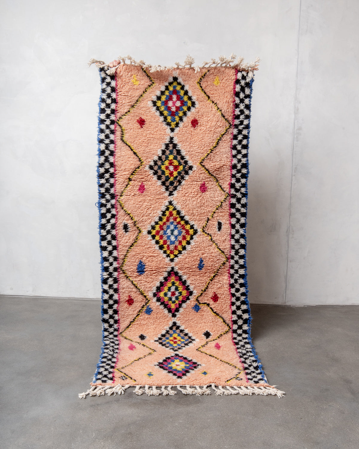 Modern, designer, handcrafted Berber runner rug from Morocco. Beniourain carpet with beautiful colours and patterns and fluffy wool texture.