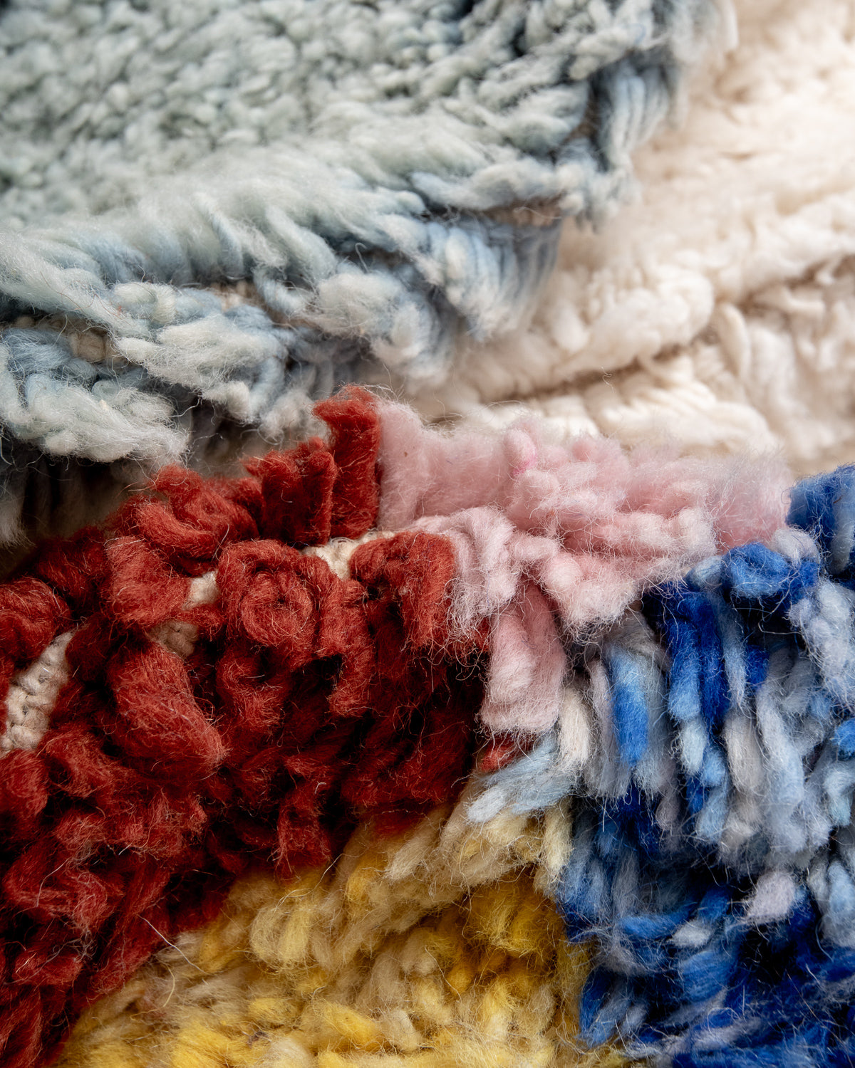 Modern, designer, handcrafted Berber rug from Morocco. Beniourain carpet with beautiful colours and patterns and fluffy wool texture.