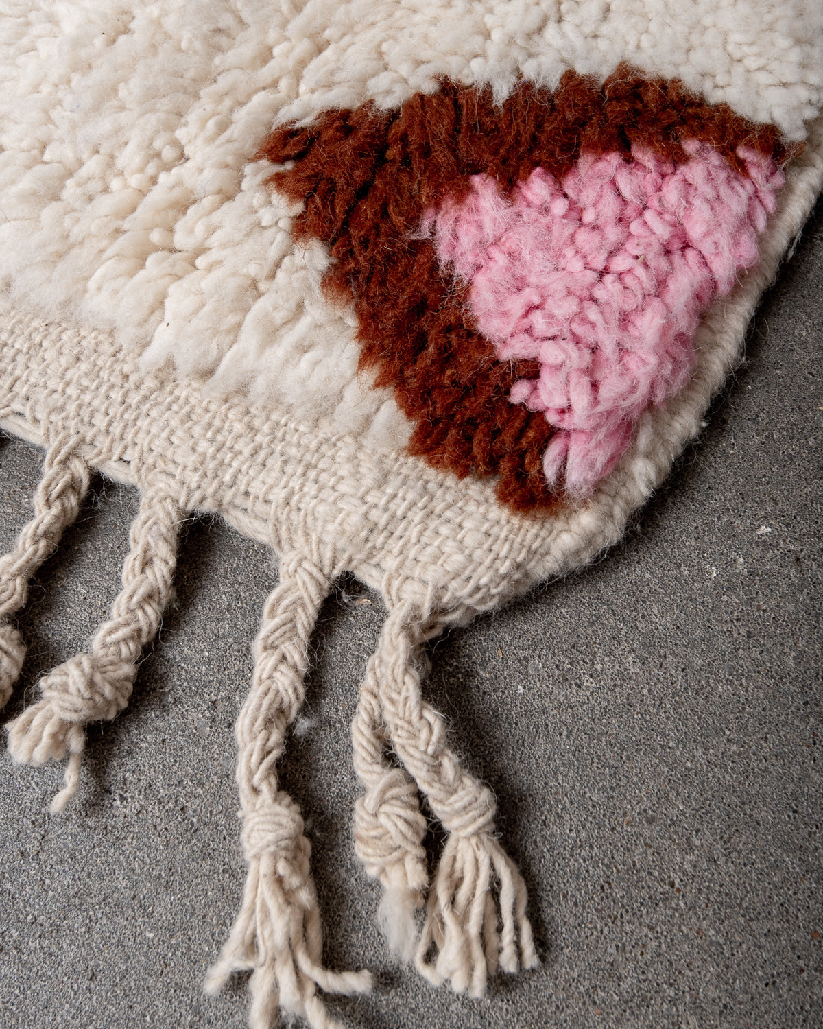 Modern, designer, handcrafted Berber rug from Morocco. Beniourain carpet with beautiful colours and patterns and fluffy wool texture.