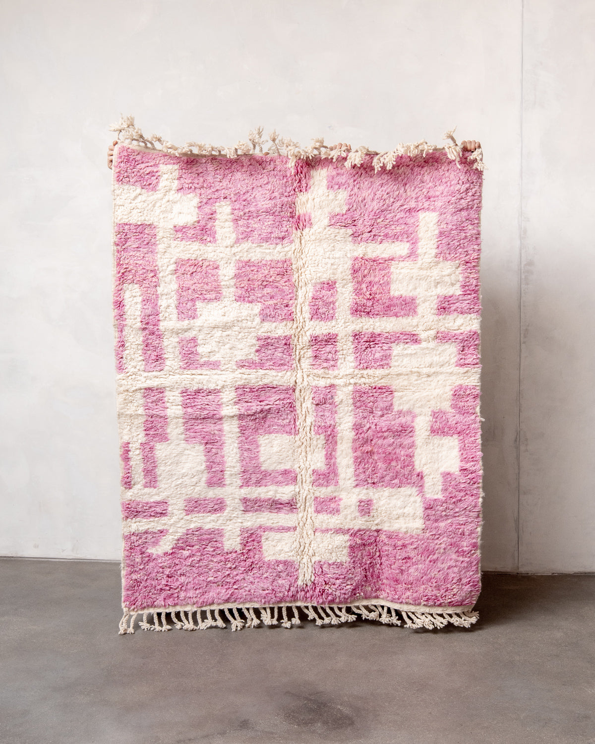 Modern, designer, handcrafted Berber rug from Morocco. Beniourain carpet with beautiful colours and patterns and fluffy wool texture.