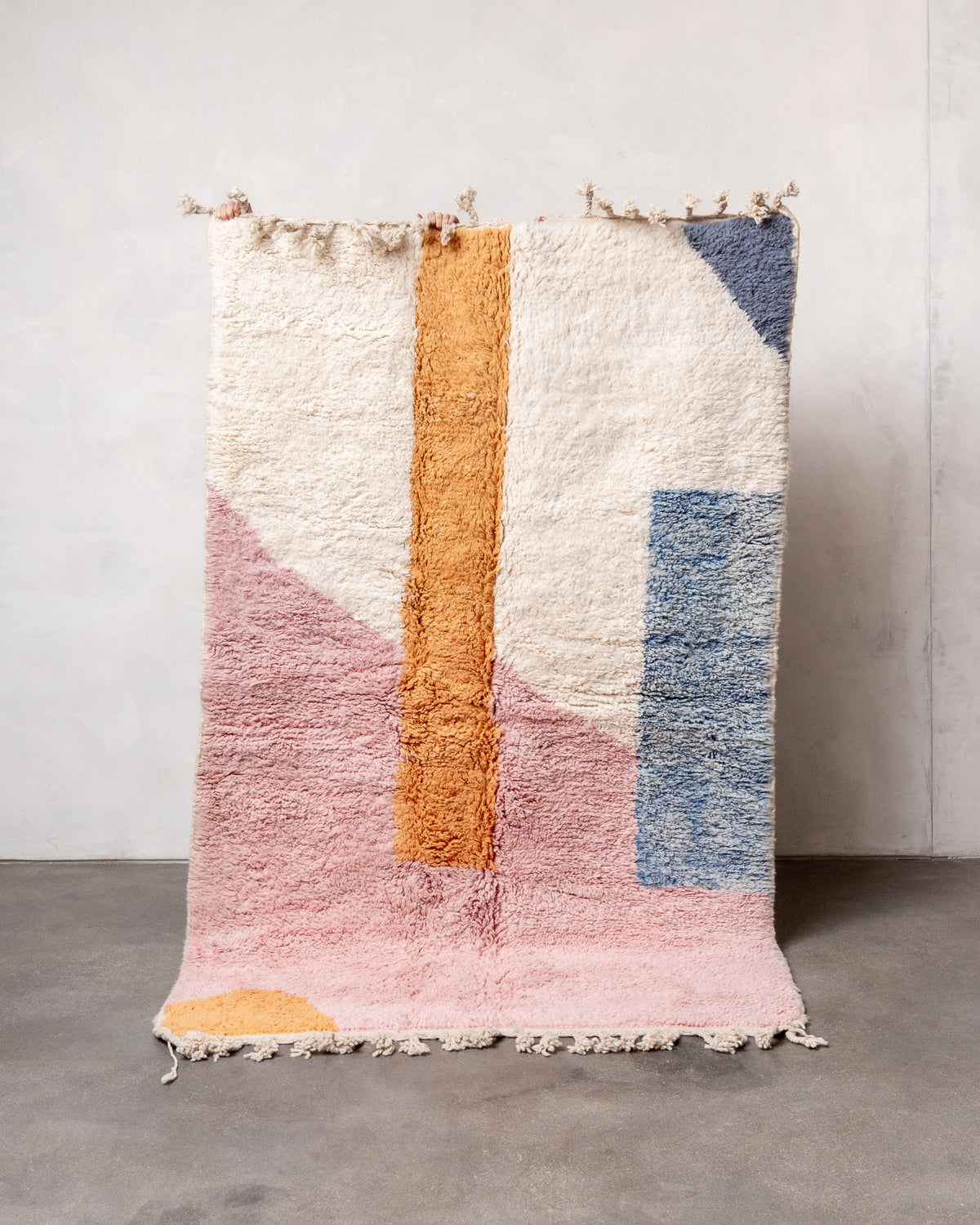 Modern, designer, handcrafted Berber rug from Morocco. Beniourain carpet with beautiful colours and patterns and fluffy wool texture.