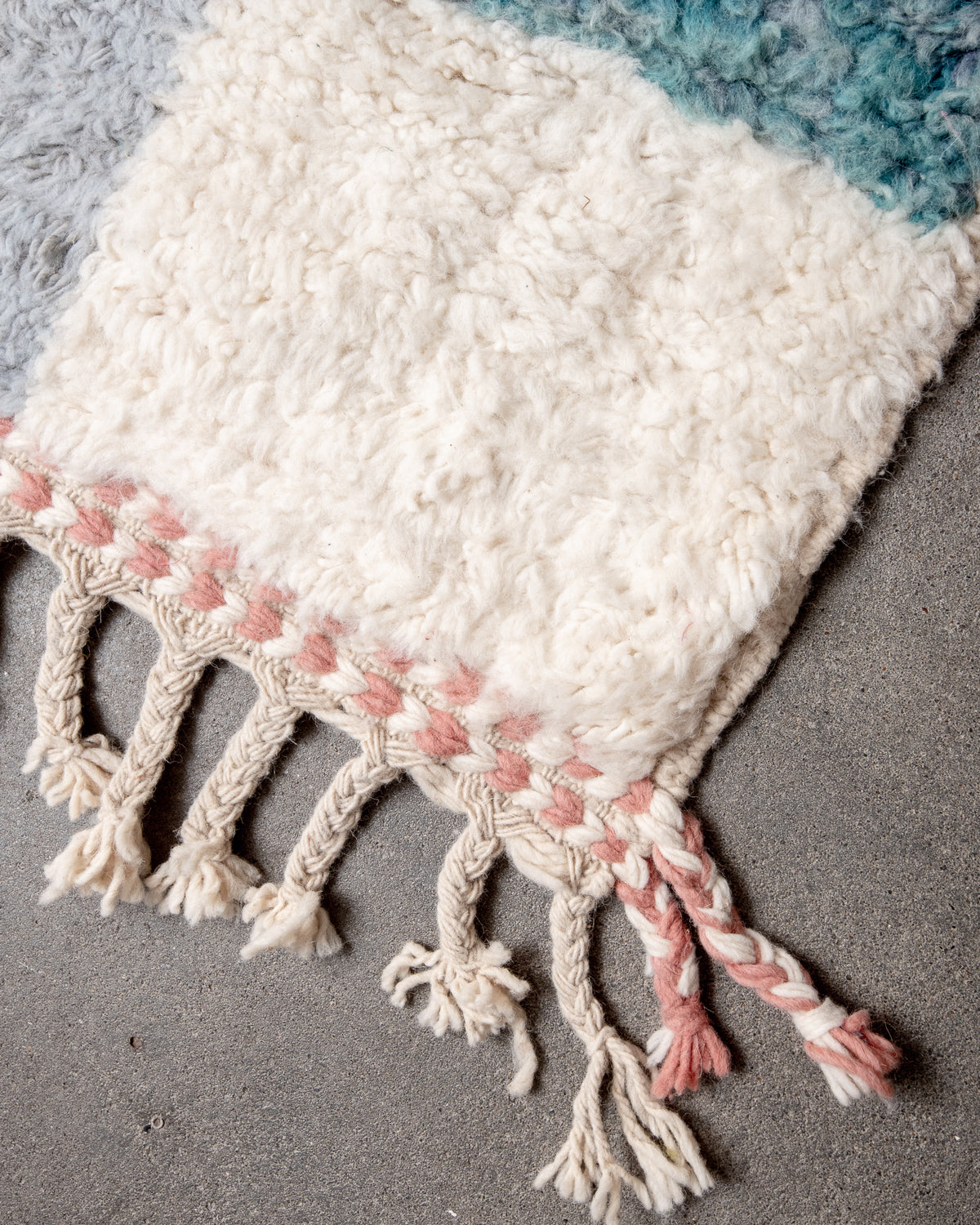 Modern, designer, handcrafted Berber rug from Morocco. Beniourain carpet with beautiful colours and patterns and fluffy wool texture.