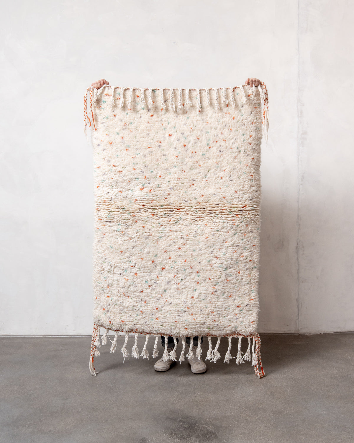 Modern, designer, handcrafted Berber rug from Morocco. Beniourain carpet with beautiful colours and patterns and fluffy wool texture.