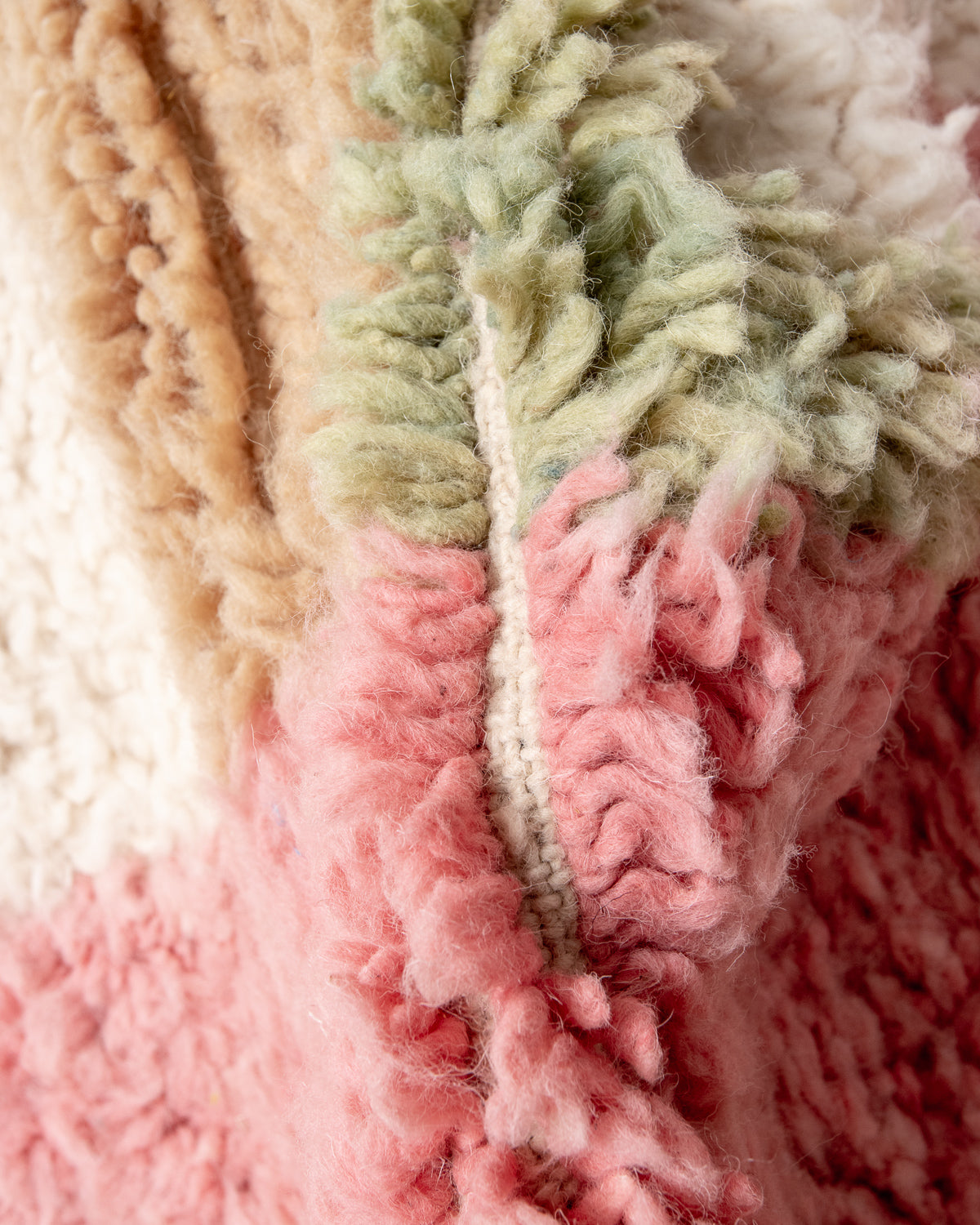 Modern, designer, handcrafted Berber rug from Morocco. Beniourain carpet with beautiful colours and patterns and fluffy wool texture.