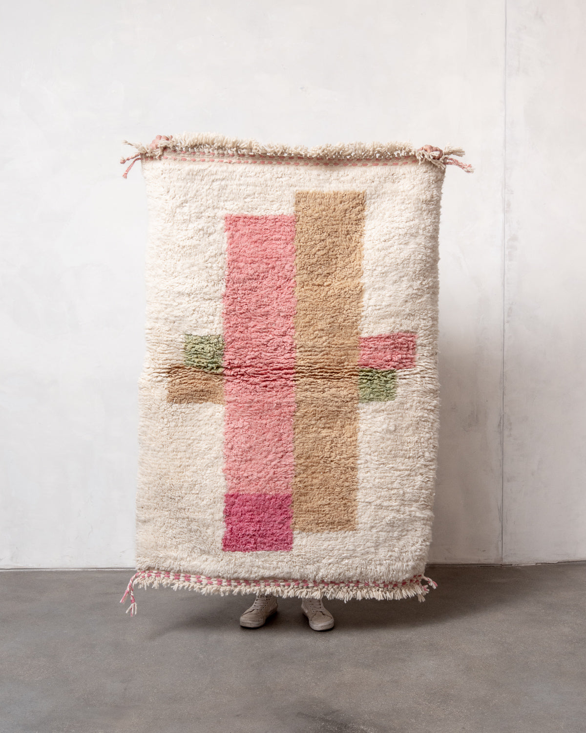 Modern, designer, handcrafted Berber rug from Morocco. Beniourain carpet with beautiful colours and patterns and fluffy wool texture.