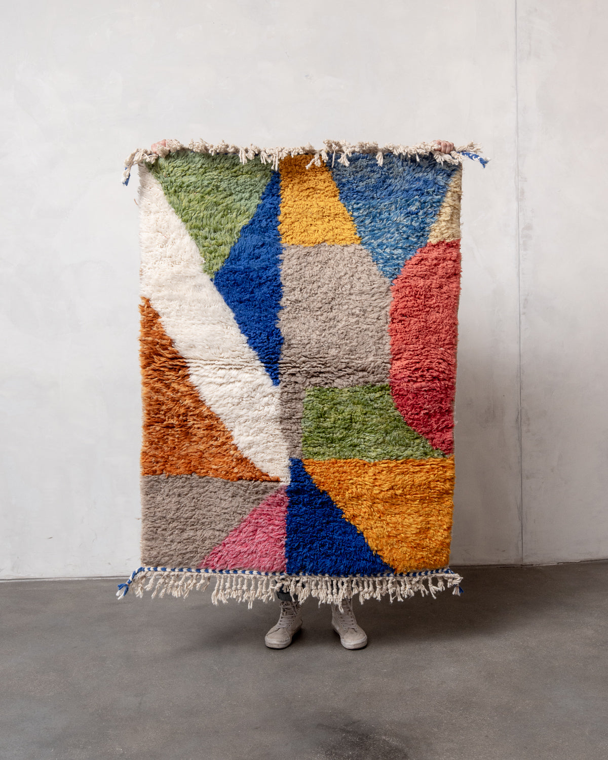 Modern, designer, handcrafted Berber rug from Morocco. Beniourain carpet with beautiful colours and patterns and fluffy wool texture.