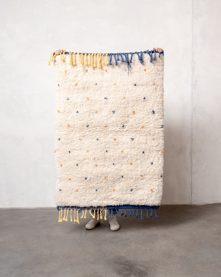 Modern, designer, handcrafted Berber rug from Morocco. Beniourain carpet with beautiful colours and patterns and fluffy wool texture.
