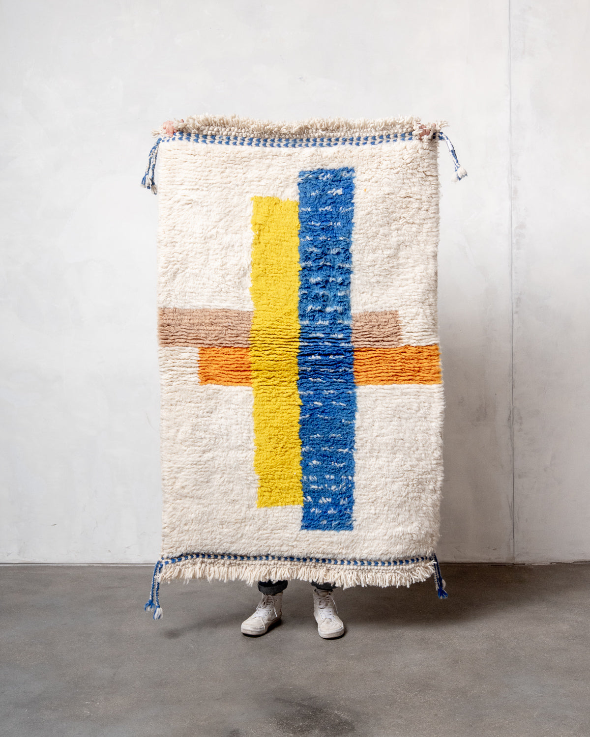 Modern, designer, handcrafted Berber rug from Morocco. Beniourain carpet with beautiful colours and patterns and fluffy wool texture.