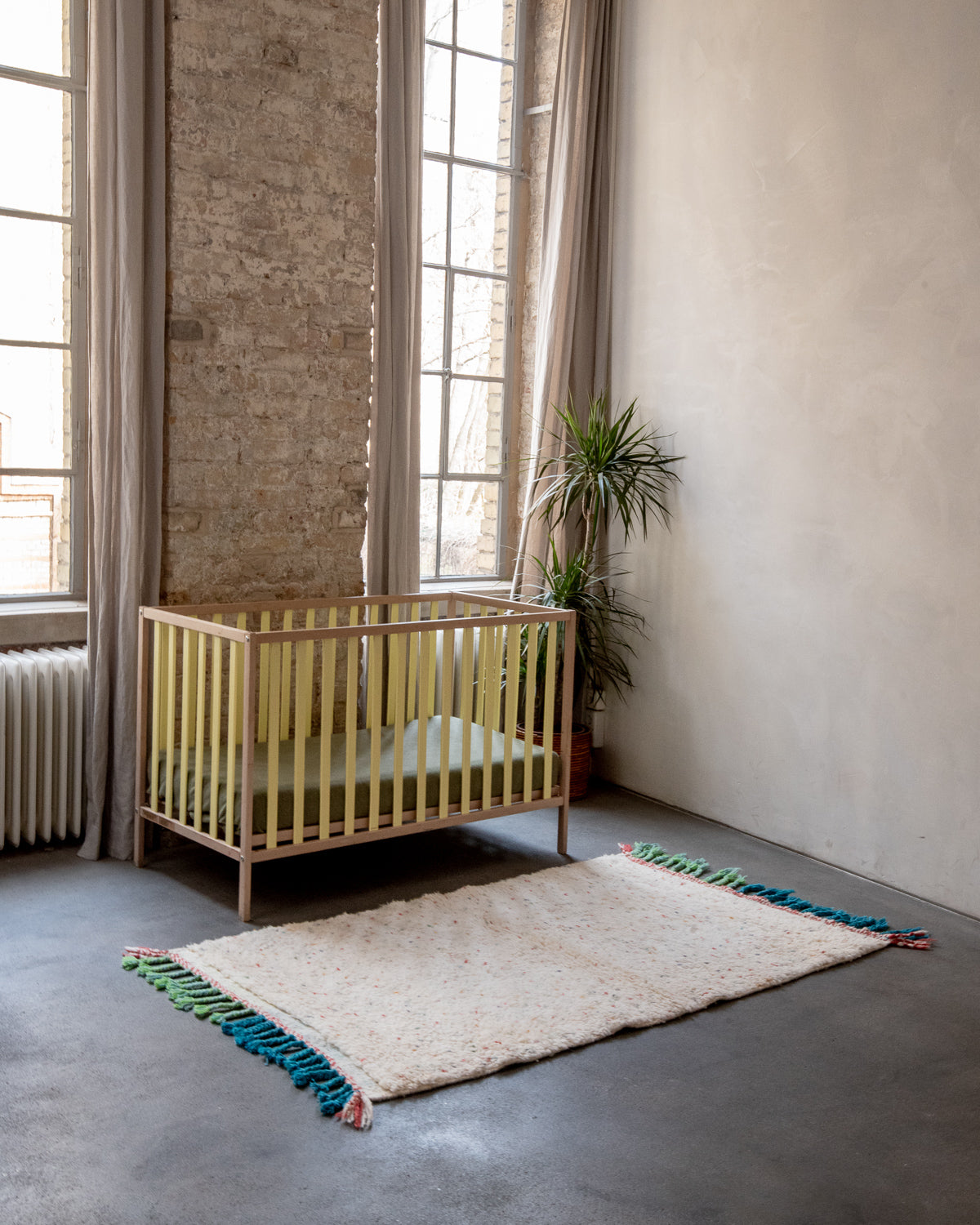 Modern, designer, handcrafted Berber rug from Morocco. Beniourain carpet with beautiful colours and patterns and fluffy wool texture. 