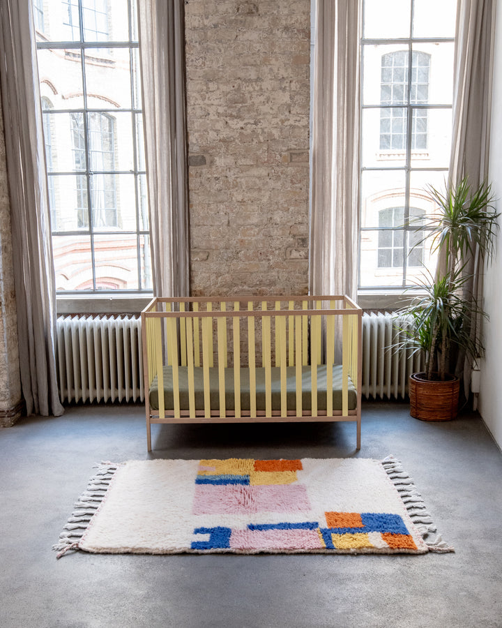 Modern, designer, handcrafted Berber rug from Morocco. Beniourain carpet with beautiful colours and patterns and fluffy wool texture. 