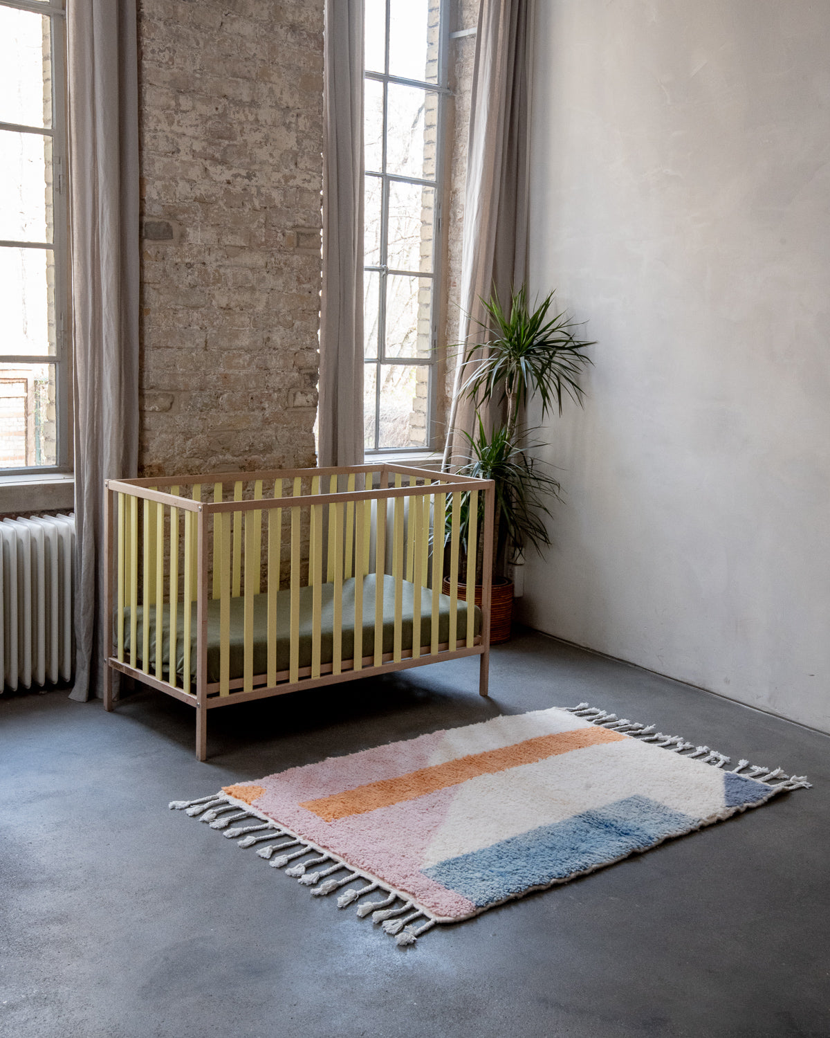 Modern, designer, handcrafted Berber rug from Morocco. Beniourain carpet with beautiful colours and patterns and fluffy wool texture. 