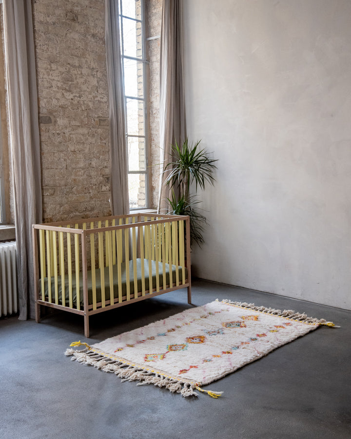 Modern, designer, handcrafted Berber rug from Morocco. Beniourain carpet with beautiful colours and patterns and fluffy wool texture. 