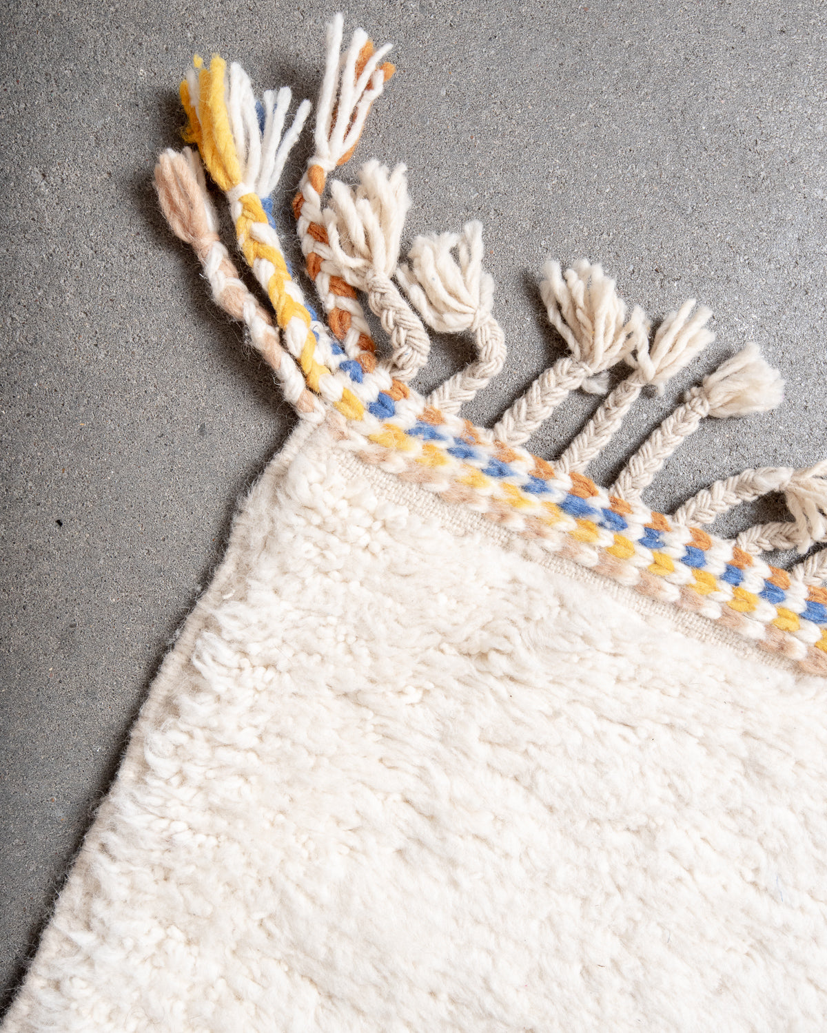 Modern, designer, handcrafted Berber rug from Morocco. Beniourain carpet with beautiful colours and patterns and fluffy wool texture. 