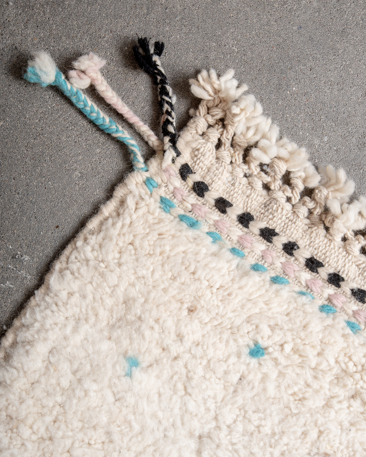 Modern, designer, handcrafted Berber rug from Morocco. Beniourain carpet with beautiful colours and patterns and fluffy wool texture.