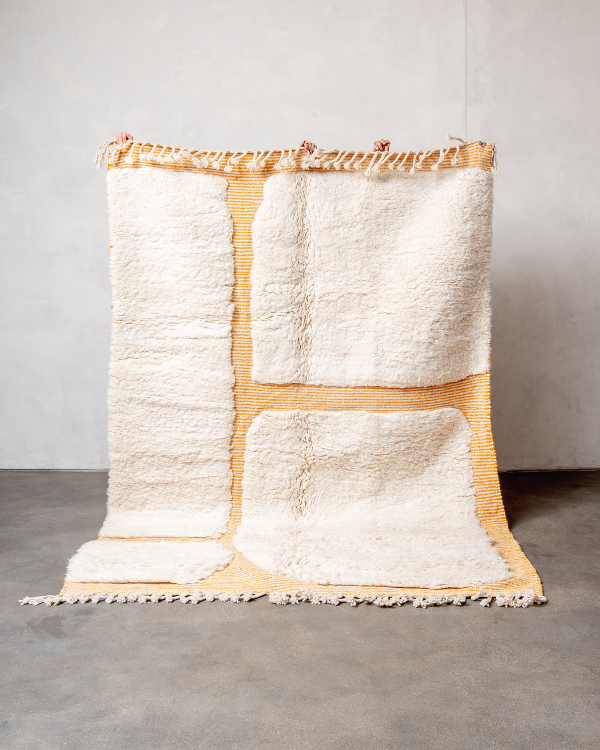 Modern, designer, handcrafted Berber rug from Morocco. Beniourain carpet with beautiful colours and patterns and fluffy wool texture. 