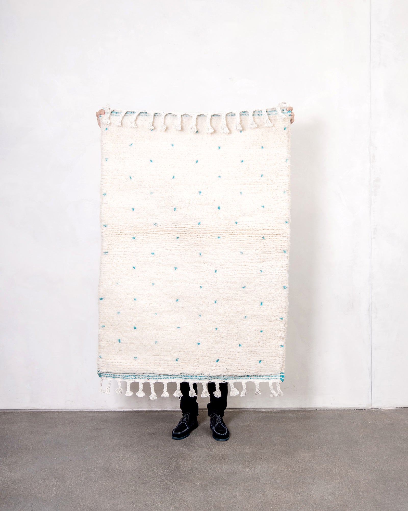 Modern, designer, handcrafted Berber rug from Morocco. Beniourain carpet with beautiful colours and patterns and fluffy wool texture.