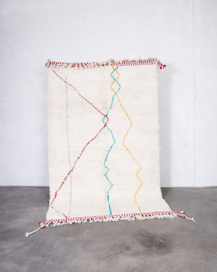 Modern, designer, handcrafted Berber rug from Morocco. Beniourain carpet with beautiful colours and patterns and fluffy wool texture. 