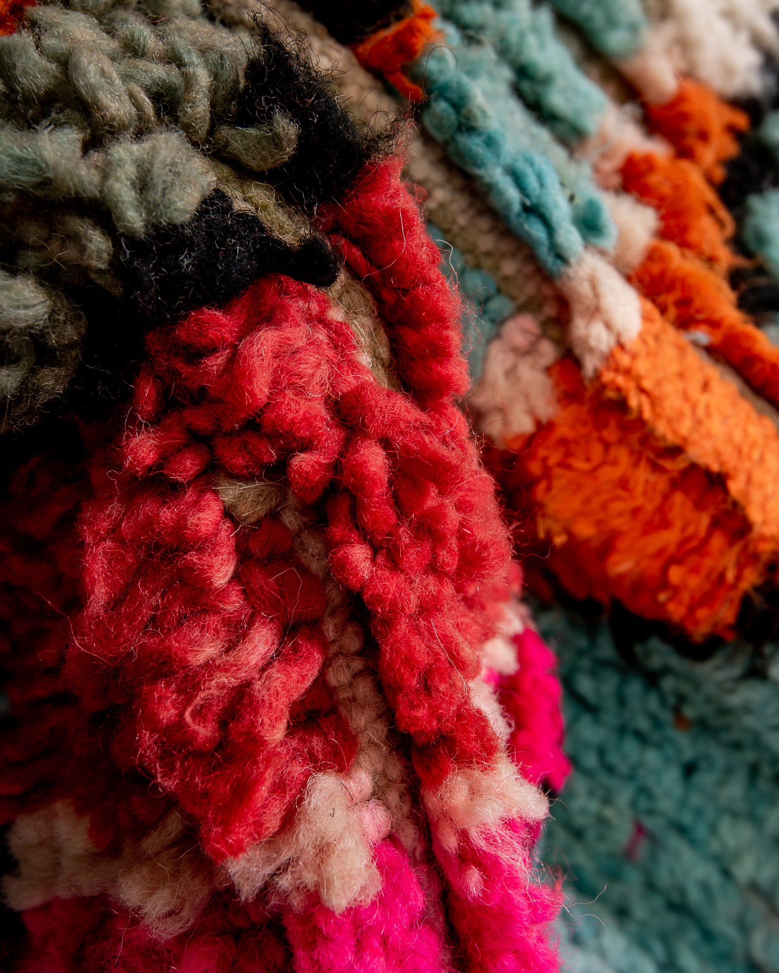 Vintage, handcrafted Berber rug from Morocco. Boucherouite carpet with beautiful colours and patterns and heavy cotton texture.